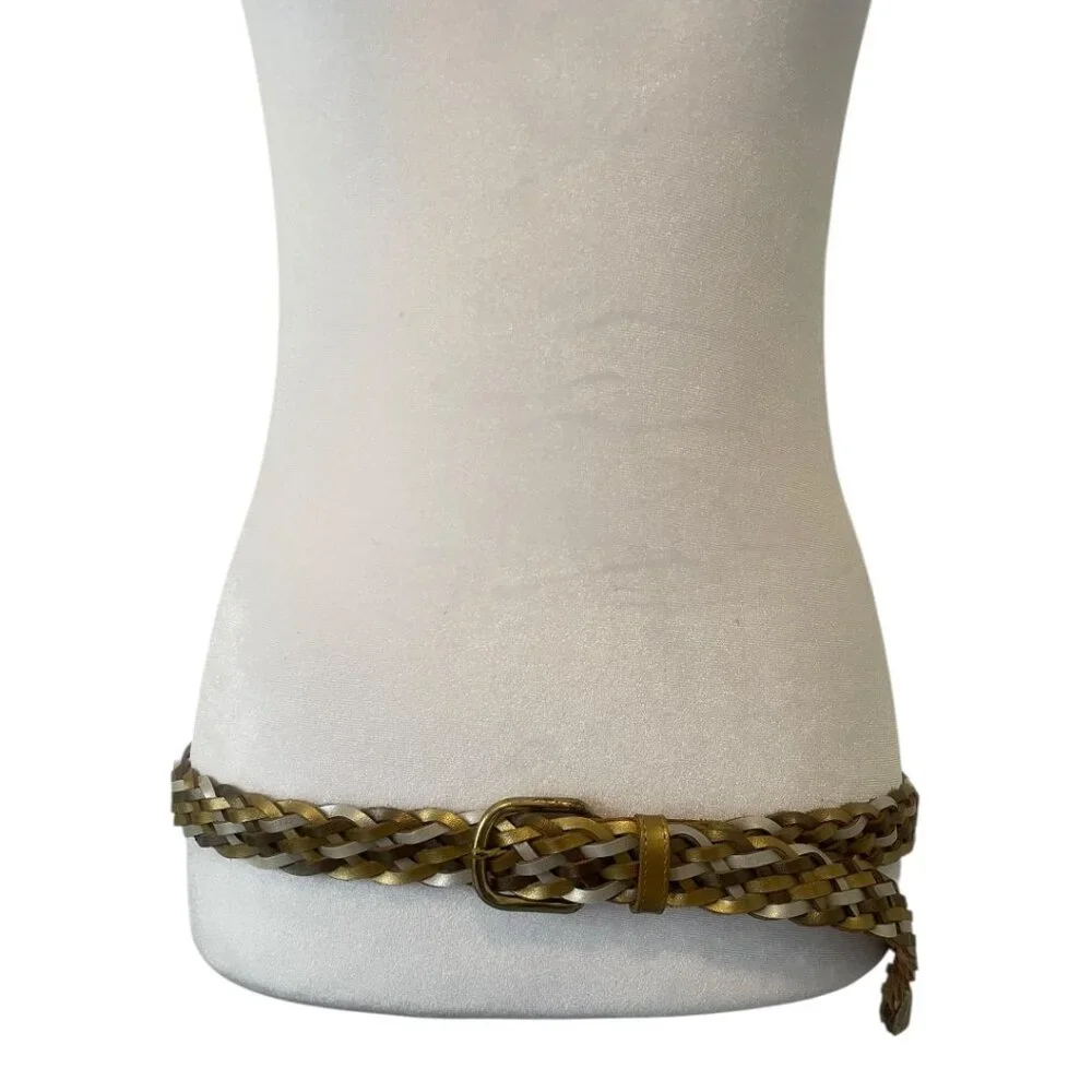Vintage Tricolor Braided Gold Silver White Leather Belt with Gold Tone Buckle XL